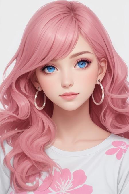 The image shows a girl with blue eyes, bangs, and closed lips. Her long, wavy hair is styled in loose waves, framing her face. She wears earrings and has pink hair that adds a touch of color to her look.
The girl's makeup is subtle, with a hint of pink on her lips. Her shirt is floral-print, adding a pop of color to her outfit.
The image is a portrait, and the background is white, providing a simple yet elegant backdrop for the girl's features.