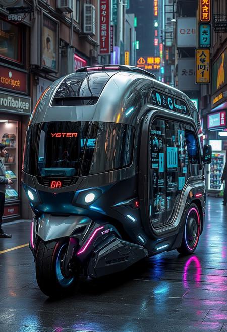 YFG-R1gs, A shape-shifting delivery van, its liquid metal body morphing into a sleek motorcycle, navigates a crowded cyberpunk alleyway. The vanas AI optimizes its form for speed and agility, while its holographic projectors display advertisements on the surrounding walls. The alleyway is a neon-lit maze of shops and kiosks.