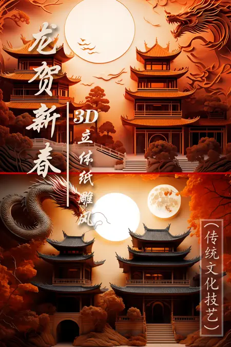 龙贺新春—3D立体剪纸纸雕风(传统文化技艺)