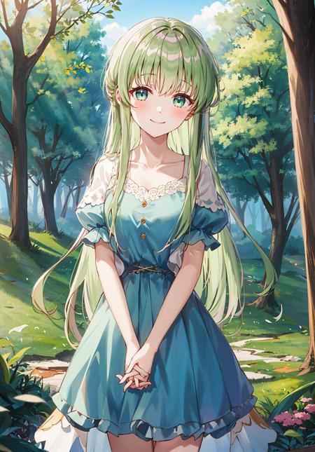 1girl, Cecilia, bangs, blue_dress, closed_mouth, collarbone, day, dress, eyebrows_visible_through_hair, forest, hands_on_own_chest, interlocked_fingers, long_hair, nature, outdoors, own_hands_clasped, own_hands_together, puffy_short_sleeves, puffy_sleeves, short_sleeves, smile, solo, standing, tree, very_long_hair <lora:chara_Cecilia:0.7>