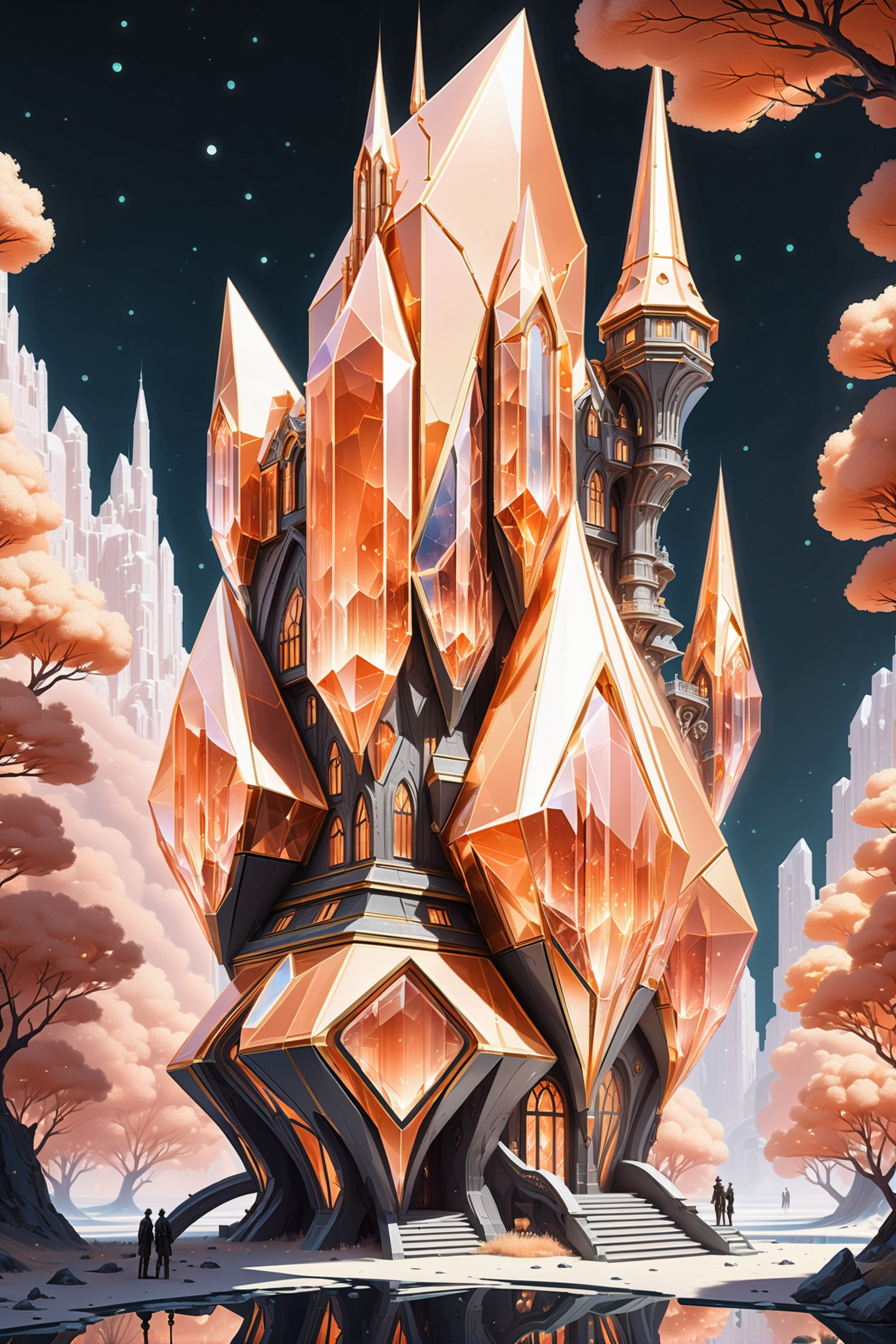 Fairy tale castle with crystal and gold elements and trees in the background.