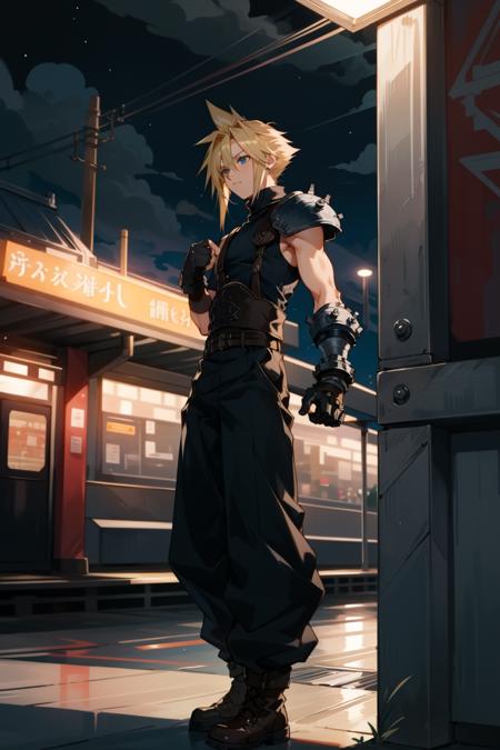 masterpiece, best quality, cloud strife, shoulder armor, sleeveless turtleneck, suspenders, belt, baggy pants, gloves, bracer, boots, standing, metal gate, train station, night <lora:cloudstrife-nvwls-v1-000010:0.9>