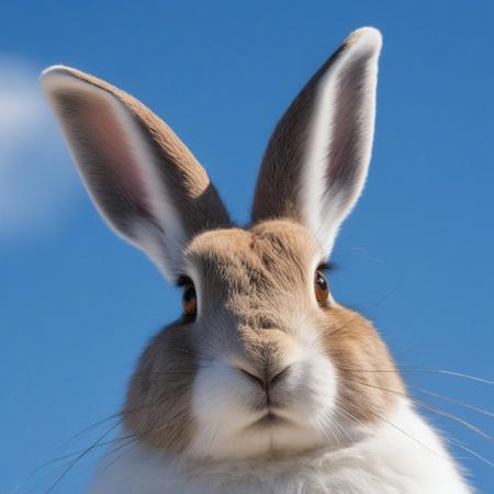very realistic close-up photography of the head of a white snowshoe hare, blue sky background with cirrus clouds and slightly hidden sun