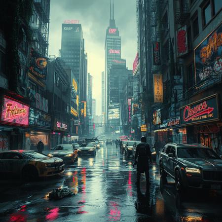 A sprawling cyberpunk city in decay, neon lights flickering over crumbling skyscrapers covered in graffiti and overgrown vines. Rain-soaked streets reflect holographic billboards, while abandoned luxury cars rust beneath glowing advertisements. A mix of Art Deco and futuristic architecture, now crumbling under time’s weight. Smog and digital haze blur the horizon, as shadowy figures in high-tech gear move through the alleys. Cinematic lighting, ultra-detailed textures, 8K, photorealistic, dystopian atmosphere, cyberpunk noir.