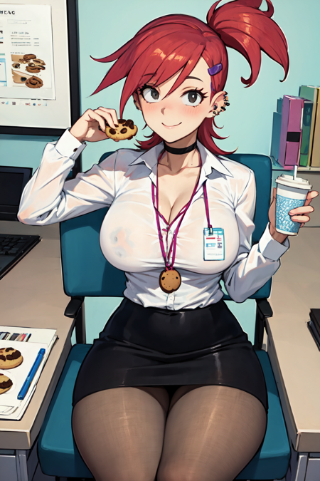 frankie foster, 1girl, looking at viewer, ear piercing, pencil skirt, lanyard, hairclip, sitting, cookie, collarbone, food, piercing, chair, cup, ponytail, black skirt, hair ornament, indoors, eating, black pantyhose, office lady, black choker, smile, holding, shirt, holding cup, red hair, disposable cup, blush, skirt, id card, white shirt, miniskirt, solo, large breasts, cleavage, collared shirt, choker, pantyhose
 <lora:frankie_foster:1>