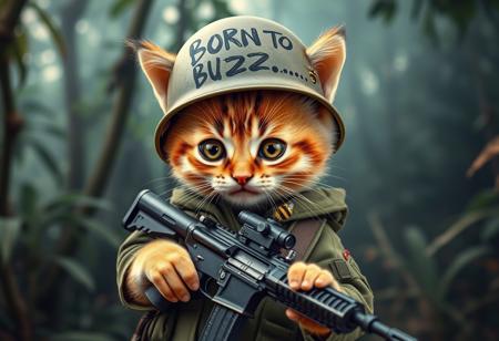 A mischievously cute but tough-looking kitten, dressed as a U.S. Marine during the Vietnam War. The kitten is wearing a slightly oversized olive-green military uniform and a flak jacket, holding a small M16 rifle with a playful yet rebellious expression. Its front helmet is adorned with the words “BORN TO BUZZ..” in bold, hand-painted letters, alongside a hand-drawn bee symbol buzzing aggressively. The backdrop features a dense jungle with hints of smoke and a humid, war-torn atmosphere. The kitten’s eyes gleam with a mix of charm and a cheeky “bad boy” attitude. Vibrant details, hyper-realistic fur texture, and cinematic lighting bring the scene to life.