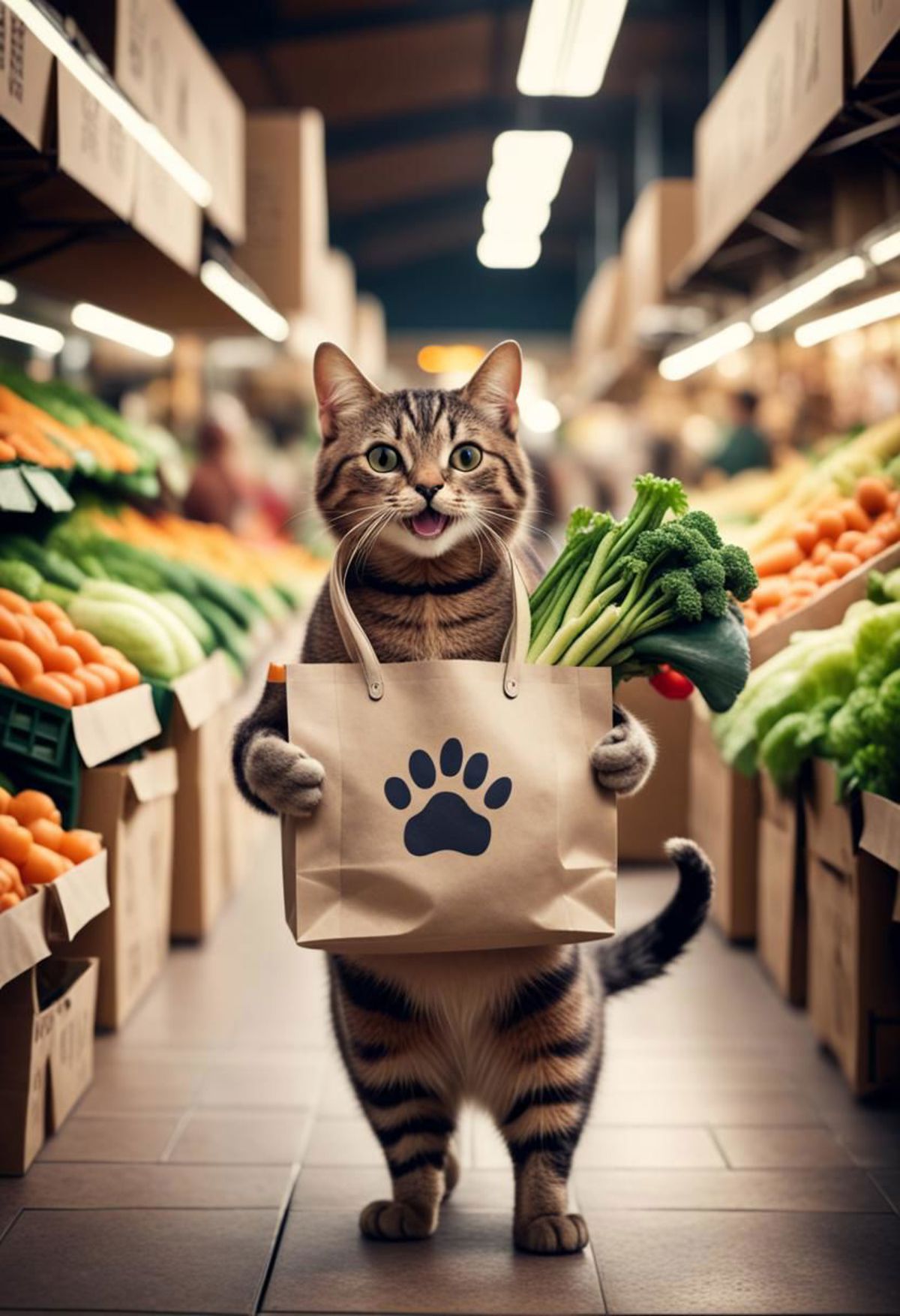 A cat holding a bag with a paw on it.