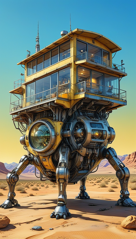 (cel-shading:2)+, (in ARTIST style:1.6), (masterpiece:1.7), hyperrealism, glossy, shinny,
clear image, accurate picture, clear picture, precise image, focused image, Science fiction style, Science fiction,
(glass and metal house with cozy comfy living space inside) on mechanical legs, mechanical hands, science fiction, aquarium on mechanical legs focus, night desert background, mecha, pale yellow,
comic style, (ultra sharp focus:2), (thin lines:2),
(best quality:1.8),
<lora:Apparatus_-_Traction_City_Walkers_Vehicles:0.8>,