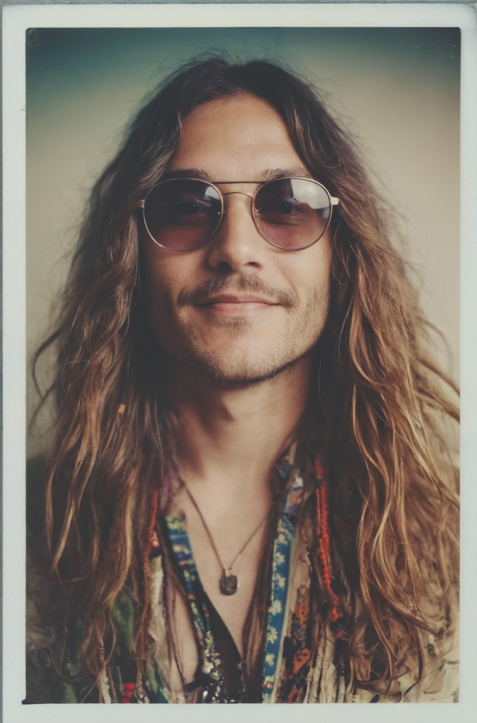 A man with long hair and sunglasses wearing a tie-dyed shirt.