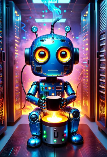 masterpiece, best quality, ultra-detailed, high resolution, vibrant colors, cinematic lighting, chibi blue robot, extremely cute, big expressive eyes, metallic with glossy finish, small and round body, sitting inside a high-tech server room, futuristic server racks glowing with neon lights, server room on fire, flames and smoke in the background, sparks flying, heat distortion, glowing circuit boards melting slightly,
the chibi robot is calmly drinking coffee, holding a steaming mug with both hands, sitting on a cable coil or small metal stool, eyes half-closed in satisfaction,
next to it, a metal plaque with glowing letters reading "SERVER UPGRADE" bolted to the wall,
adorable contrast between chaos and cuteness, cozy and humorous vibe despite the burning setting,
soft shadows, depth of field, colorful glow effects, stylized cartoon rendering.