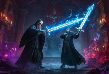 A lich, holding a holy sword emitting dazzling light, stood in the center of the palace hall, fighting against the demon king.
The Demon King was clad in a dark robe, his eyes flashing scarlet light, and his body was surrounded by twisted dark purple magical energy.
The background of the hall is a broken imperial flag and a toppled throne, with dark demonic energy seeping out from the cracks in the ground.
The lich has a cold skull face and is dressed in a robe glowing with blue light. He holds a holy sword high in his hand, and the blade is engraved with ancient runes, emitting pure power of light.
The whole picture is full of tension and epic feeling, with strong contrast between light and dark, symbolizing the ultimate showdown between the lich and the devil.
FHD, Rich in details, masterpiece.
