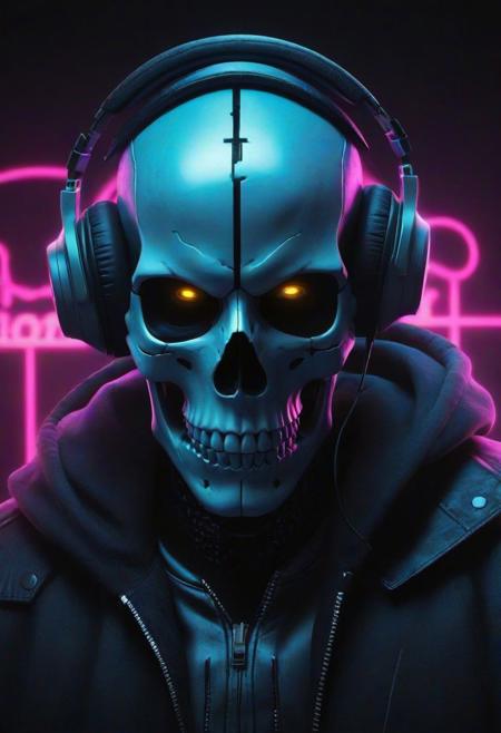 A cybernetic marvel unfolds: A skull adorned with headphones emerges in front of a dark background, creating a ghostpunk aesthetic in this epic digital art piece. This professional and captivating portrait captures the essence of a DJ in the cyber realm, radiating a synthwave vibe. The combination of a death skull and fantasy elements results in a beautiful digital artwork that stands out as the best on ArtStation. This smooth and detailed creation, portraying a night-time raid, exemplifies great digital artistry. With its blend of scary yet colorful elements, this trending digital art piece epitomizes the portrait of a cyber skeleton in a mesmerizing and haunting manner.