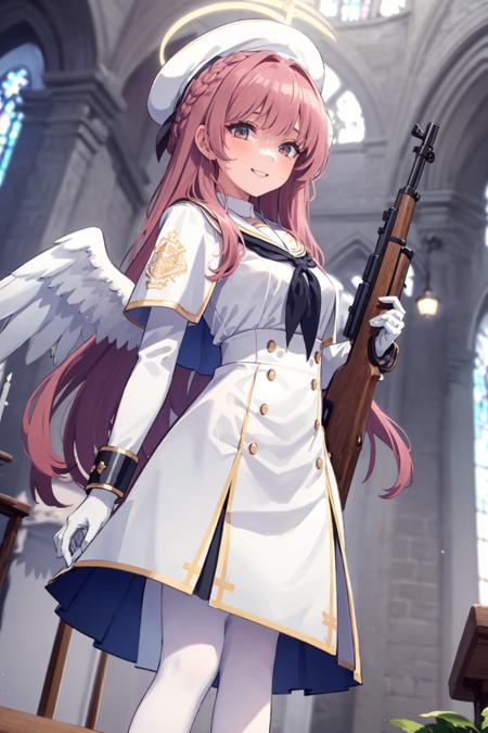 masterpiece, best quality, highly detailed, 1girl, (from below:1.5), <lora:BlueArchive_Trinity_Mob_v1-000195:0.5>, (church, indoors:1.5), white gloves, long sleeves, white sleeves, (blue cuffs:1.5), white dress, (white pantyhose:1.5), white wings, sailor collar, black loafers, (black neckerchief:1.5), capelet, white beret, halo, low wings, white angel wings, (holding rifle:1.1), grinning, standing, pink hair, (very long hair, straight hair:1.5), crown braid,