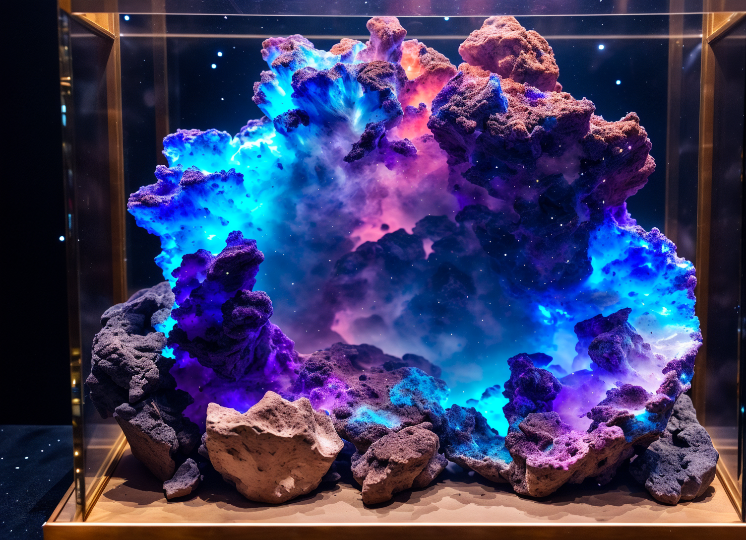 (photo:1.2) of the exotic mineral nebulaite, display case