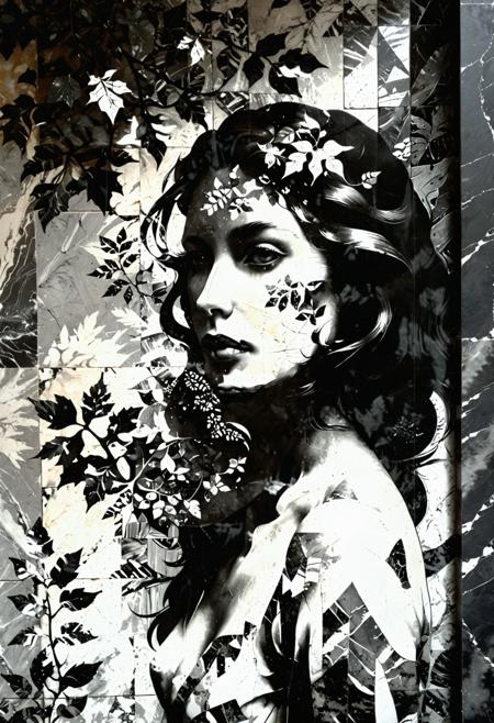 in the style of M.C. Escher, [:marble|granite|lbrick|tile|metal|concrete|glass|foliage_material texture:0.7], a beautiful woman painted on wall with light, svelte graceful shapes, solo, <lora:Vintage_Street_Photo:1>