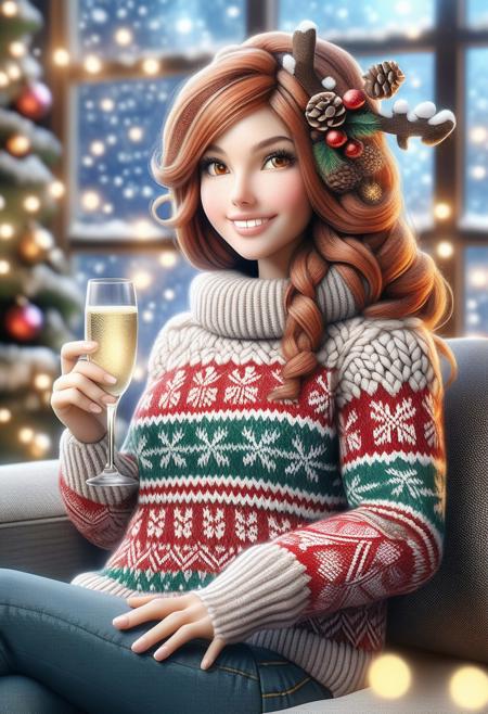 wearing sweater ChristmasSweater, Cozy winter scene featuring a cheerful young woman with flowing auburn hair, wearing a red and white knitted sweater adorned with intricate Christmas patterns (reindeer, snowflakes, and trees). She stands next to a luxury sofa, holding a cup of champagne. Soft snow is visible falling outside a frosted window, with twinkling Christmas lights in the background. The setting exudes warmth, joy, and holiday cheer, enhanced by soft, warm lighting and a touch of bokeh for a dreamy effect.VNS_Add more details,FluxBoost,Christmas,anime,Watercolor Niji,Xmas Style
 wearing sweater ChristmasSweater,