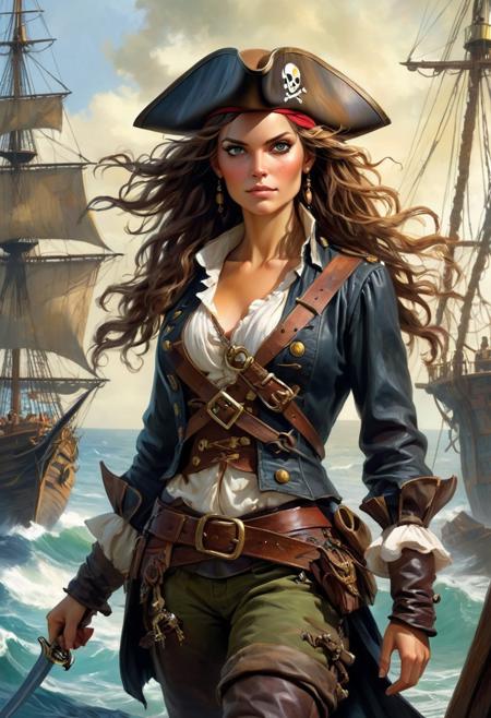 art by Aleksi Briclot of the pirate Angelica Teach, Hair: Long, dark, wavy hair often worn loose or with a slight wave.
Eyes: Dark, expressive eyes that convey a mix of determination and allure.
Build: Slender yet athletic, reflecting her agility and skill in swordsmanship.
Complexion: Olive or tanned skin tone, consistent with her adventurous and outdoor lifestyle.
Clothing: Typically seen in pirate attire, which includes a combination of leather and fabric, often dark and practical, but also with a hint of elegance that reflects her cunning nature. She often wears a tricorne hat and sometimes incorporates elements that hint at her connection to Blackbeard, her father. the scene should capture the essence of piracy with artistic detail, ink drawing,  advntr, bad_prompt_version2, negative_hand, ac_neg1