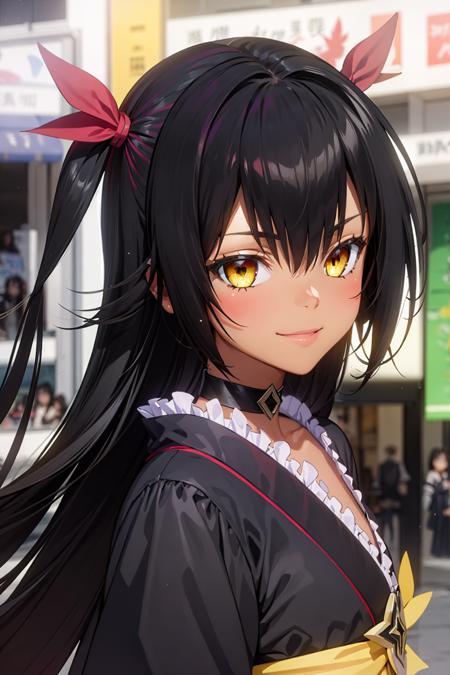 master nemesis, dark-skinned female, black hair, very long hair, twin tails, yellow eyes, flat chest kimono, obi, ribbon