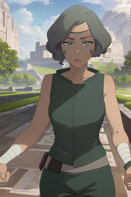 avatarsuyin, <lora:avatar suyin-lora-nochekaiser:1>,
suyin, short hair, grey hair, (green eyes:1.5), dark skin, dark-skinned female,
BREAK sleeveless, pants, bandages, green pants, wrist wrap, ankle wrap,
BREAK outdoors, forest, nature, grass, trees, sun, sky, clouds,
BREAK looking at viewer, (cowboy shot:1.5),
BREAK <lyco:GoodHands-beta2:1>, (masterpiece:1.2), best quality, high resolution, unity 8k wallpaper, (illustration:0.8), (beautiful detailed eyes:1.6), extremely detailed face, perfect lighting, extremely detailed CG, (perfect hands, perfect anatomy),