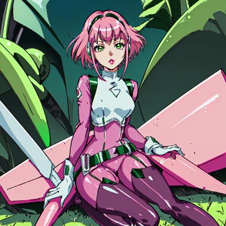 <lora:Barara_Peor:1>outdoor,masterpeace,high quality,Barara_Peor, 1girl, solo,short hair, green eyes, pink hair, boots, belt,bodysuit, thigh boots, purple boots, pink bodysuit,white shirt,white gloves,sharp eyes,lipstick,pink lips