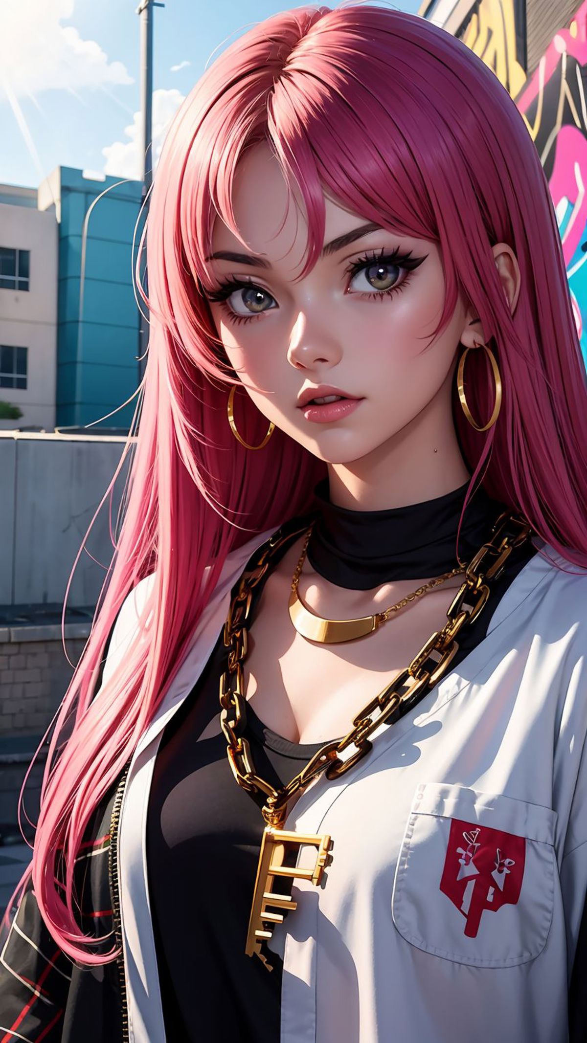 A pink-haired anime girl wearing a black shirt and chain necklace.