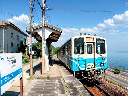 masterpiece, best quality, ultra-detailed, illustration,
shimonadaeki3, kiha32, train, outdoors, scenery, day, sky, ground vehicle, ocean, blue sky, power lines, sign, cloud, plant, railroad tracks, horizon, water, road, train station, realistic, photo (medium), photo background, real world location, platfrom, train station
 <lora:ShimonadaEki_V4:1>