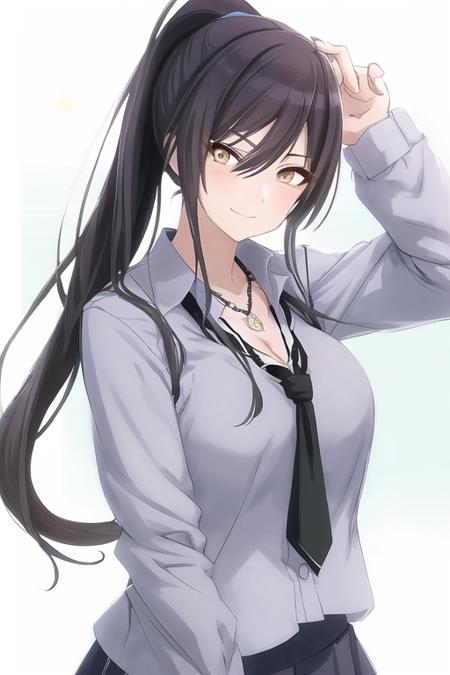 sakuya shirase, 1girl, breasts, solo, black hair, necktie, cleavage, ponytail, long hair, looking at viewer, shirt, dog tags, white shirt, school uniform, white background, simple background, large breasts, yellow eyes, collarbone, smile, upper body, blush, bangs, hair between eyes, jewelry, green necktie, sleeves rolled up, closed mouth, loose necktie, collared shirt, high ponytail, necklace
 <lora:shiny-sd1-v1:1>