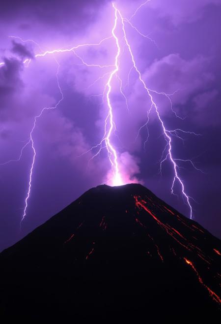 purple lightning over an erupting volcano, lightning strikes in the clouds of soot of the volcano