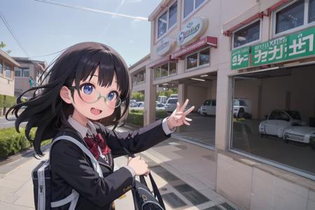 best quality, ultra-detailed, illustration,
1girl, glasses, black hair, long hair, school uniform, school bag, smile, laughing, solo focus,
saizeriya, storefront, scenery, outdoors, sign, building, window
 <lora:saizeriya_ex_SD15_V1:1>