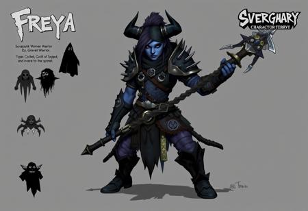 Generate official character concept art for a scrappunk, dwarven woman warrior inspired by Greg Staples, incorporating elements of a monk and a gnoll cleric. The character, named Freya, should be in a combat pose, wearing armor with spikes on the body and black horns instead of ears. The color scheme should be primarily blue and black. Provide the character art in the style of official character concept art, with a focus on detail and realism.