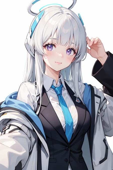 <lora:noa:1>noa(blue archive), simple background, long sleeves, jacket, closed mouth, purple eyes, long hair, collared shirt, necktie, off shoulder, open clothes, 1girl, halo, looking at viewer, white hair, white background, formal, headgear, upper body, solo, smile, suit, white shirt, hand up, open jacket, white jacket, blue necktie, shirt, blush