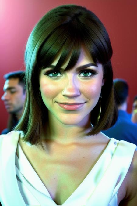 stunningly beautiful young woman <lora:bobbiStarr:1>, at the crowded awards show in a stunning white dress, (close up:1.2), stunning face, RAW, 8K, UHD, stunning eyes, perfect day, (candid), people in the background, giving an interview