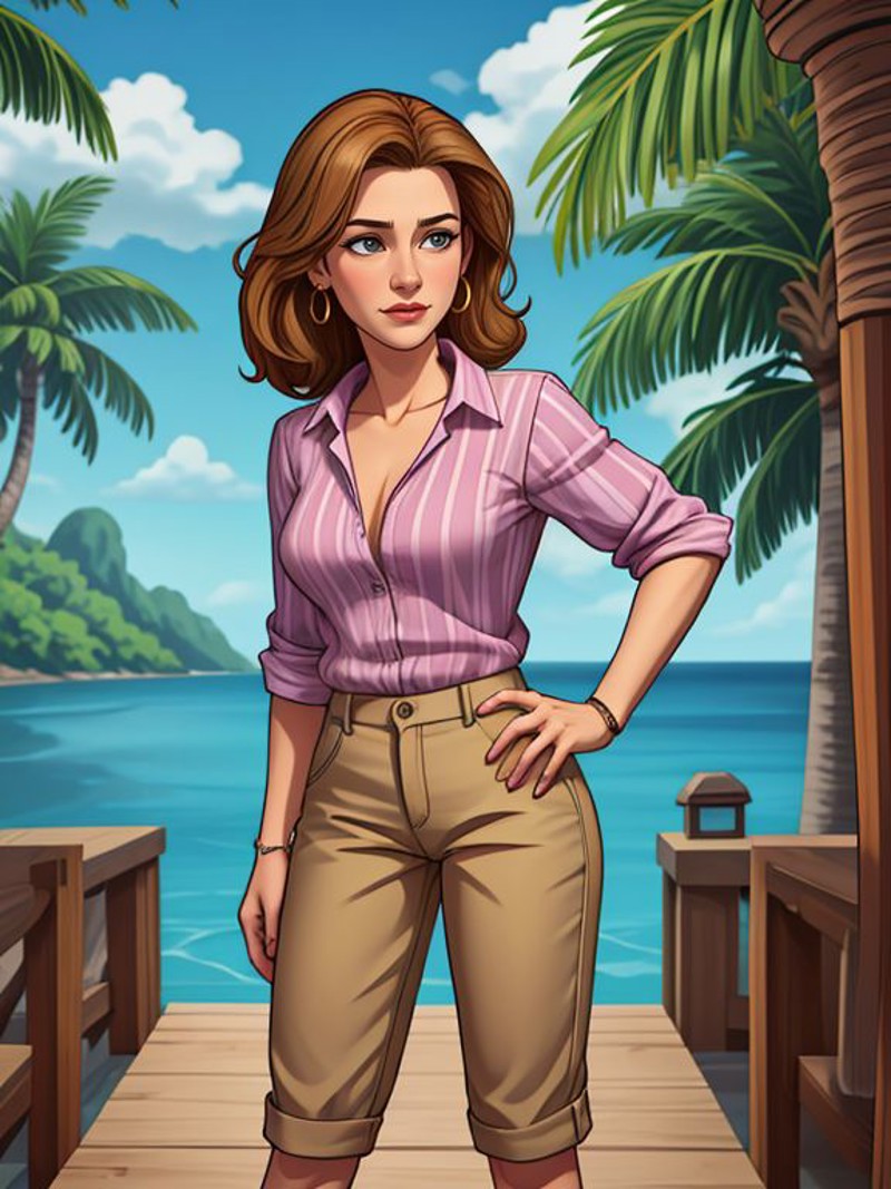 [ Brenda Strong|Elisabeth Shue], khaki pants, striped shirt, and boat shoes, A tropical environment with a party atmospher...