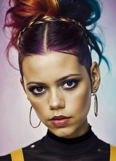 portrait of sks woman by Flora Borsi, style by Flora Borsi, bold, bright colours, rainbow Mohawk haircut, ((Flora Borsi)), <lora:locon_jennaortega_v1_from_v1_64_32:1.25>