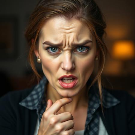 Lovely  woman angry about something, redirecting it, mouth closed, brows furrowed