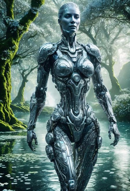 A sleek, futuristic female android walking through a mystical forest, surrounded by delicate white flowers. Her body is made of smooth white metal with intricate cybernetic details. The scene is cinematic, with a soft ethereal glow and deep reflections in the water. The background consists of ancient, moss-covered trees, creating a contrast between advanced technology and untouched nature. Highly detailed, ultra-realistic, cinematic lighting, 8K render, volumetric fog, 
6-token-negative-deliberate, realisticvision-negative-embedding, epiCNegative, atompunkstylesd15, made of sparkling amethyst crystals
