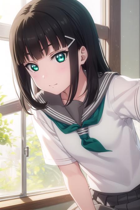 diakurosawa, <lora:dia kurosawa s2-lora-nochekaiser:1>,
dia kurosawa, long hair, bangs, black hair, hair ornament, (green eyes:1.3), sidelocks, hairclip, blunt bangs, mole, mole under mouth,
BREAK skirt, school uniform, short sleeves, pleated skirt, serafuku, socks, neckerchief, kneehighs, black socks, green neckerchief, grey skirt, uranohoshi school uniform,
BREAK indoors, classroom,
BREAK looking at viewer, (cowboy shot:1.5),
BREAK <lyco:GoodHands-beta2:1>, (masterpiece:1.2), best quality, high resolution, unity 8k wallpaper, (illustration:0.8), (beautiful detailed eyes:1.6), extremely detailed face, perfect lighting, extremely detailed CG, (perfect hands, perfect anatomy),