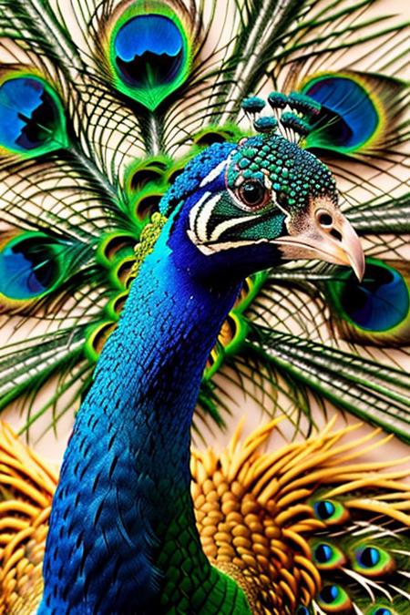 Ultra High Definition, Impeccable Detail, Premier Quality, Best-in-class, (Photorealistic), (Lifelike), raw photo,peacock,  abstract painting with varying colorful geometric shapes on a textured background, sculpture of a peacock standing in front of the abstract painting