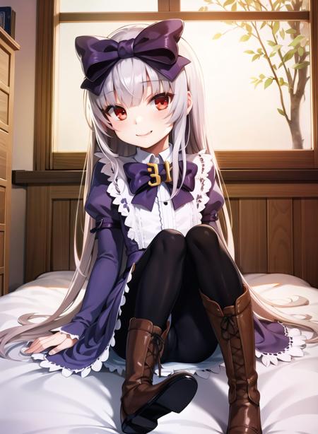 1girl,masterclass,best quality, illustration, full_body,31tanDefault, black_pantyhose,  petite, bow, bowtie, hair_bow, juliet_sleeves,  lolita_fashion, long_sleeves,  puffy_sleeves, purple_bow, purple_dress, sitting,   brooch, numbered, purple_bowtie, frilled_dress, smile,blunt_bangs,hime_cut, indoor, on_bed,  cross-laced_footwear,brown_footwear, knee_boots,<lora:31tanD8V1_e6:1>