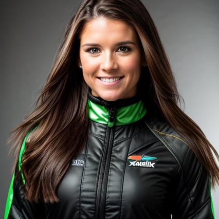 a Realistic portrait of a danica patrick woman with brown eyes and long brown Hair style, looking at the viewer, detailed face, detailed eyes, smiling, perfect slim body, modelshoot style, hand on own shoulder, wearing a green and black racing suit,  soft lighting, professional Photography, Photorealistic, detailed, standing in a dark Studio Room background, blurred background, RAW, analog, sharp focus, 8k, HD, DSLR, high quality, Fujifilm XT3, film grain, award winning, masterpiece
<lora:danica patrick v1.2:1>