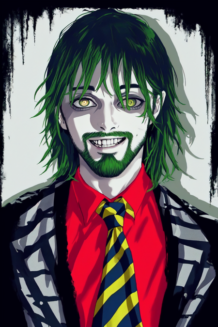 Beetlejuice, 1boy, male focus, solo, masculine, facial hair, beard, (shine), lighting, ray tracing, 1boy, male focus, striped jacket, red shirt, solo, green hair, crazy grin, crazy expression, prison clothes, colored sclera, necktie, teeth, yellow sclera, depth of field, solo, extreme light and shadow, masterpiece, post apocalyptic, rich in detail,(detailed eyes), (handsome) detailed, dirty face, demonic, (dirt splotches), (horror theme), (beetlejuice), detailed eyes,(straight-on),(masterpiece), (best quality), (ultra-detailed), (best illustration),(best shadow),rim lighting, beetlejuice, ((Beetlejuice))