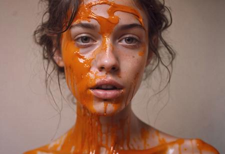 Ultra detailed film photograph with tiny depth of field, shot in an empty studio space with complex lighting. The bare bust of a beautiful woman, her hair and face and slender neck and delicate collarbone and small firm breasts. She looks stoic and severe, soft eyes that are perfectly in focus. Her mouth is overflowing with thick paint, From her lips flows richly orange  colored paint, drooling and trickling  from her lips down her chin, dripping on her tiny breasts, her erect nipples. trickling down her neck. Everything else slips out of focus. Surreal and artistic.
