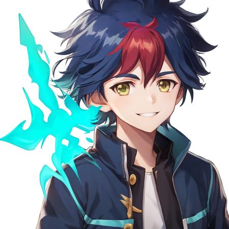 <lora:tianlongguang-000002:0.9:MIDD>,1boy, tianlongguang, male focus, solo, blue hair, multicolored hair, smile, red hair, green eyes, two-tone hair, looking at viewer, jacket, upper body, simple background, white background, school uniform