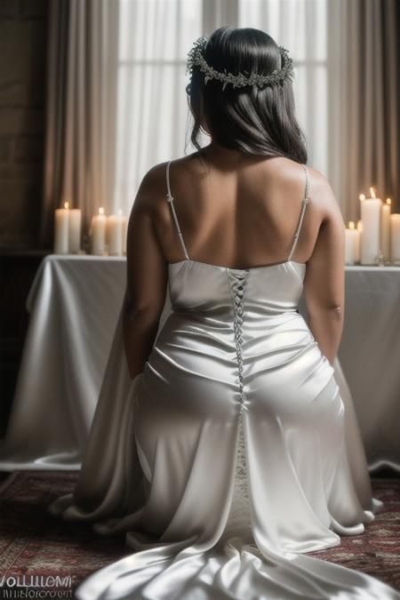 Photo•raw•8k uhd•dslr•high quality•ultra-realistic•realistic•realism•film grain overlay•Fujifilm XT3.
View from behind, dark gothic-style•candle-lit room•ancient stone altar.
1woman•wearing a (white satin gown dress)•(voluptuous)-body•kneeling.