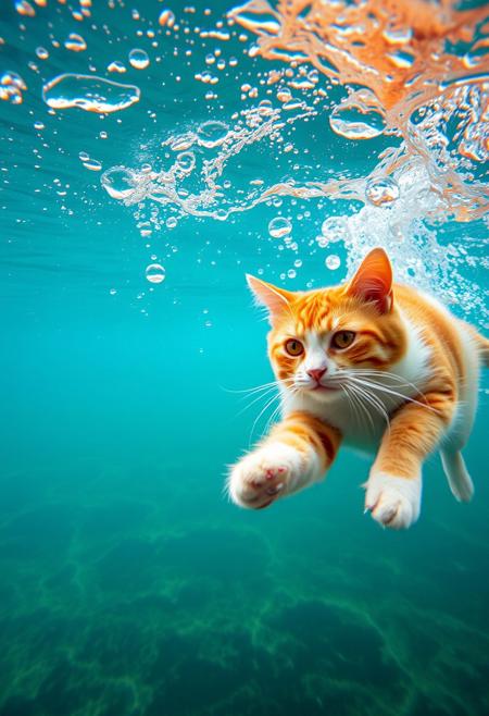 (Soft Lighting Photography by Mimoza Veliu and Mario Giacomelli:1.2), an underwater photograph of a charming orange and white domestic longhair cat diving into the ocean, captured in a high-speed shot that freezes the moment she breaks the surface. The scene is bathed in natural light, with intricate bubbles and ripples forming around.