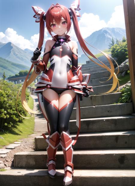 <lyco:tailred1-000009:1.0>, tailreddef, full body, mature, standing, smile, blush, outdoors, day, simple background, blue sky, sky, temple, looking at viewer, stairs, mountain, moody lighting, facing viewer,