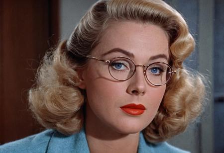1940s vintage retro, Dr. Francine Langstrom DCU, blonde hair, blue-eyed, glasses, perfect photo, highly detailed, best quality, fine details, coherent face, full body, technicolor film still screencap, kodachrome photograph