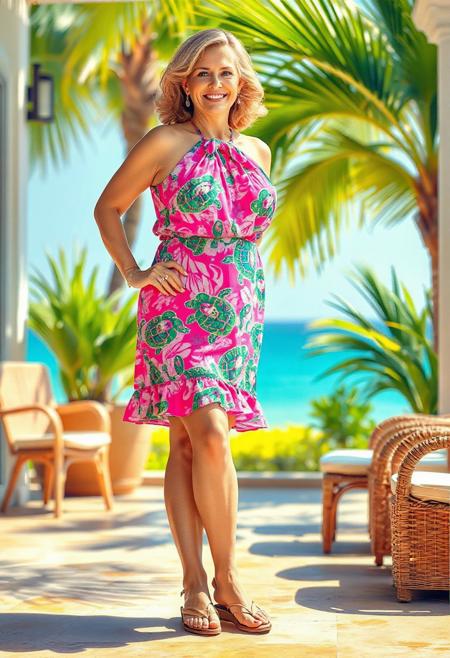 masterpiece portrait of a OBESE MATURE woman wearing a Lilly Pulitzer Saira Halter Dress::1.4, ::1.2, realistic impressionist art::1.1
(physical description: full body shot, light skin tone, standing with one hand on hip, relaxed confident posture:1.1)
(facial features, expression: gentle, cheerful expression, soft smile and relaxed gaze:1.0)
(clothing details: vibrant pink isle snappy turtle print cotton halter dress with tie-back closure, smocked detail at front and back of neck, a-line swing silhouette above knee length, ruffled hem, paired with flat sandals:1.0)
(accessories: minimal or no jewelry for an elegant resort look:0.9)
(background setting: outdoor tropical resort or sunny patio, hint of palm leaves or wicker furniture:0.9)
(lighting style: bright natural sunlight with soft highlights and shadows:0.8)
(composition and camera framing: full body centered in frame to showcase dress details and relaxed stance:1.0)
(emotional tone or theme: vibrant, summery, casual elegant resort wear mood:0.9)
(technical execution: painterly texture capturing fabric print, ruffle details, and summery light:0.8)