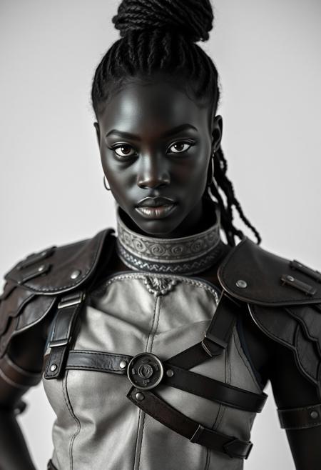 Full shot of Ukico, she is  an african warrior girl, erotic light armour, leather armour, erotic expresion, hot, natural, honey eyes,  naturally beautiful, bun hairstyle, studio natural makeup, studio photography style, white background, black and white photography style