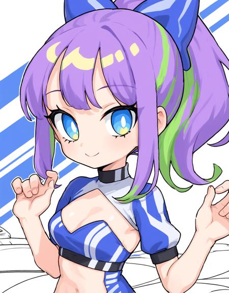 maho, white pupils, multicolored purple hair, ponytail,